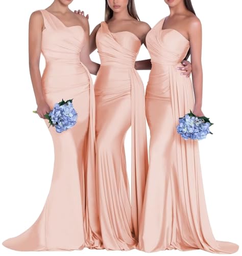 Image of One Shoulder Bridesmaid Dresses for Wedding Long Satin Bodycon Prom Dress Mermaid Formal Evening Gowns