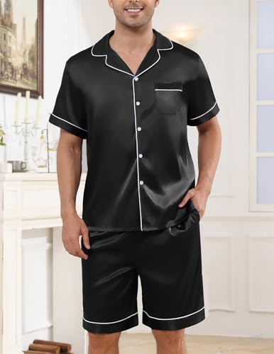 Image of Veseacky Mens Silk Satin Pajamas Set Short Sleeve Sleepwear Button-Down Pjs Sets Two-Pieces Loungewear with Pockets S-XXL