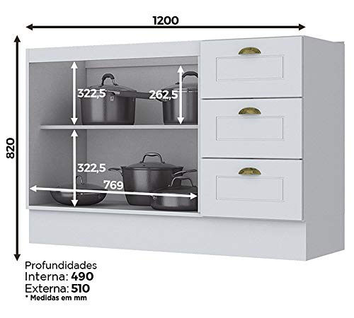 Balcão de Cozinha Pia 120 Cm 3 Gavetas 2 Portas Americana Henn