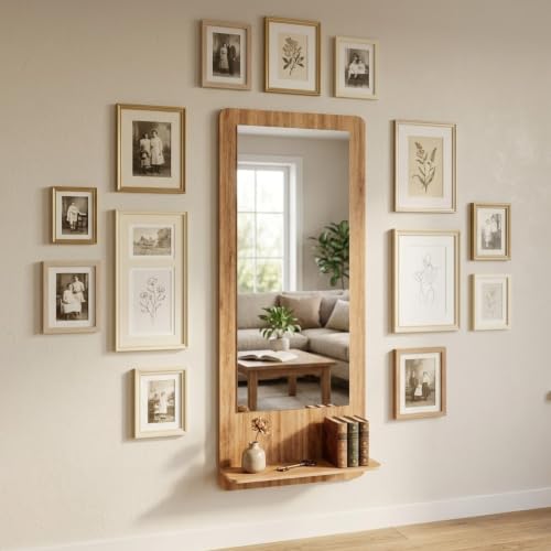 Image of Creative Arts n Frames Full Length Long Wall Mount HD Mirror with Shelf for Bedroom Bathroom Living Room Home Office Decor(15x47 inch Framed Mirror with Shelf Rectangular Natural Iqurel Oak Light)