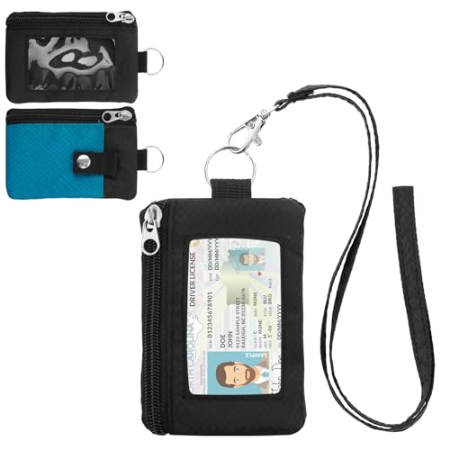 Image of Minimalist RFID Wallet with Lanyard, Multi-Functional ID Case with 2 Zipper Pockets and Key Chain for Men and Women, Tactical Badge Pouch Cards Holder, Coin Purse for Travel Sports - Black&Blue