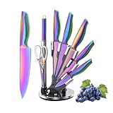 Rainbow Knife Set With Acrylic Block, 8 Pieces Rainbow Titanium-Coated Stainless Steel Kitchen Knife Sets,Non Stick Non Rust Chef Knife Set,Gift