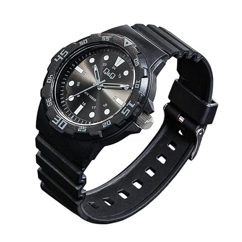 Image of Q&Q Men's Black Sunburst Dial Analog Sports Watch | Grey Markers, 100M Water Resistant, Resin Strap - VR18J011Y