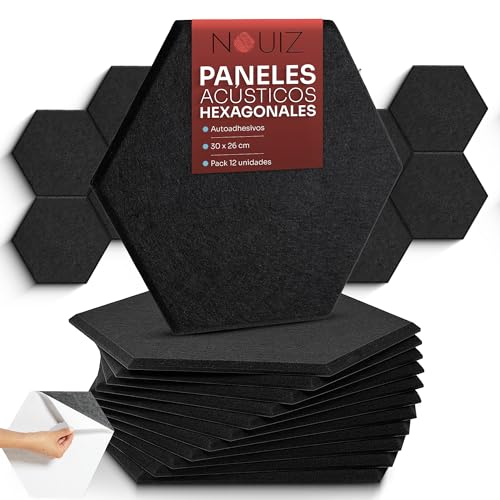 NOUIZ 12 Paneles Acústicos Autoadhesivos Hexagonales de Alta Densidad para Pared y Techo, Diseño Decorativo para Reducir Eco en Habitación Gaming, Estudio y Oficina (Negro, 30x26cm)