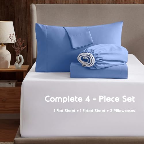 Image of Nestl Full XL Bed Sheet Set - Calm Blue - 4-Piece Deep Pocket | Instantly Soft, Night-One Ready (No Wash Required). Fits 16-Inch Deep Pockets, 360-Degree Elastic Grip