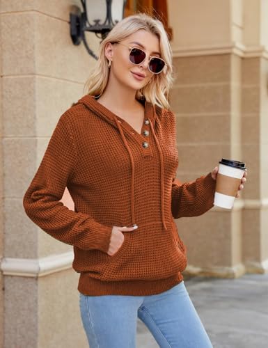 Image of VIMPUNEC Womens Fall Hoodie Sweater Long Sleeve Hooded Top with Pocket | V Neck, Button, Adjustable Drawstring, Waffle Knit, Loose Fit, Ribbed, Kangaroo Pocket