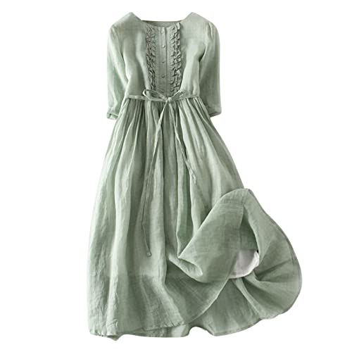 Women Bohemian Cotton Linen Dresses 3/4 Sleeve Maxi...