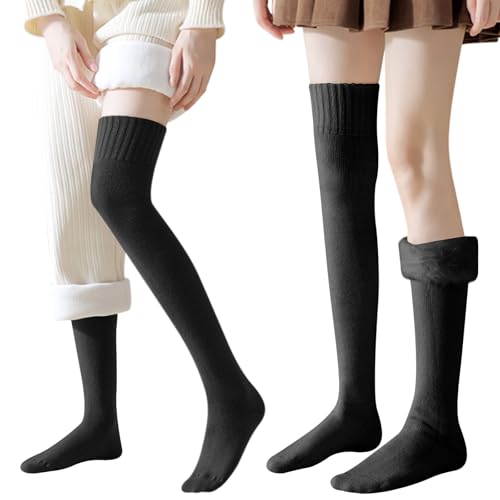 Mayoii 2 pares de calcetines altos con forro polar extra largos – Calcetines de algodón grueso cálido por encima de la rodilla, calcetines negros hasta la rodilla para mujer, medias antibolitas para