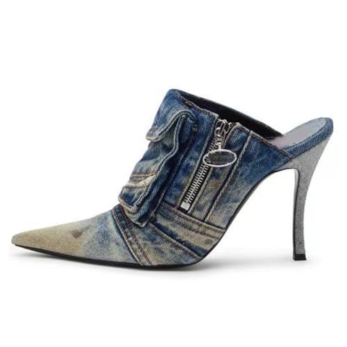 MILDSEVEN Fashion Denim High Heel Slippers with Zipper for Women, Sexy Large Size Ponited Toe Casual Sandals for Banquets, Parties And Wedding2