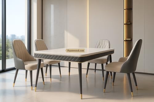 Image of Swiss Modern Dining White Nano Composite Marble Top Table Set with Sheesham Wood Legs, 6 Seater with Upholstered Chairs (71x36x30 Inches)