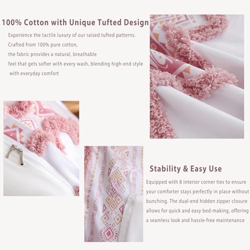 Image of Herside 100% Cotton Boho Duvet Cover Set King Size,Shabby Chic Aztec Western Pink Tufted Bedding,Farmhouse Luxury 3 Piece Textured Quilt Duvet Set for All Season Home Decor