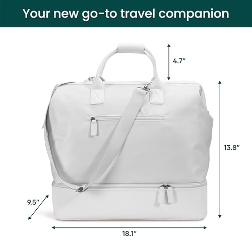 NOBL Travel Weekender Bag for Women & Men, Large Duffel Carry-On Tote with Trolley Sleeve, Separate Shoe Compartment & Laptop Pocket, Leather Overnight Bag for Airplane, Gym, Road Trips - White4