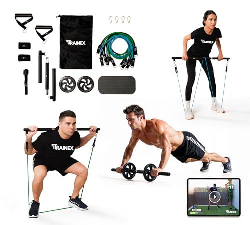 Bandas Elásticas de Musculación con Barra | Gomas de Resistencia hasta 100 kg | Kit de Entrenamiento en Casa Completo | TRAINEX