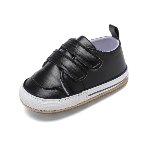 Shidangdisk Baby Shoes Boys Girls Infant Sneakers PU Leather Non-Slip Soft Rubber Sole Toddler Crib First Walker Shoes (Black, Infant, 0-18 Months, Medium)