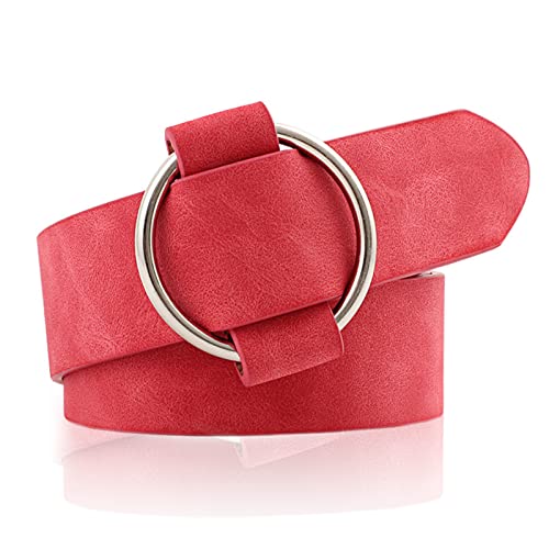 NiceYnn 3cm de Large Ceinture Femme en Faux Cuir sans Aiguille pour Jeans Pantalon Robe Veste Réglable Couleur Uni Boucle Ronde Rouge