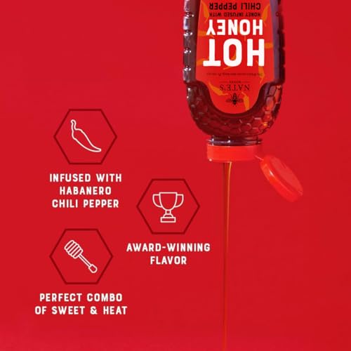 Image of Nate's Hot Honey - 100% Pure Honey Infused with Habanero Chili Pepper Flakes, Award-winning Taste - 16 oz Squeeze Bottle (Pack of 6)