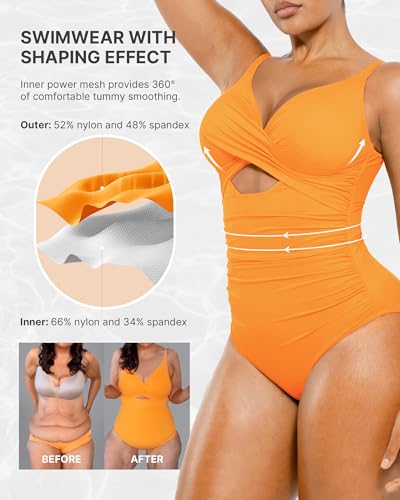 Image of SHAPELLX Tummy Control Swimsuits Women V Neck One Piece Bathing Suit Ruched Push Up Slimming Swimwear Built-in Bra