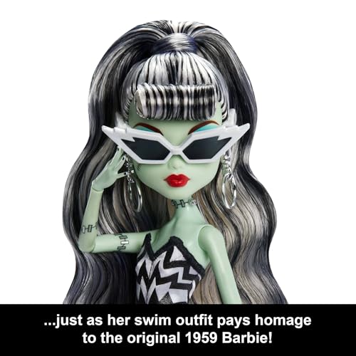 Image of Monster High x Barbie Frankie Stein Doll with Original Barbie-Inspired Swimsuit and Solo in the Spotlight Black Evening Dress, Accessories