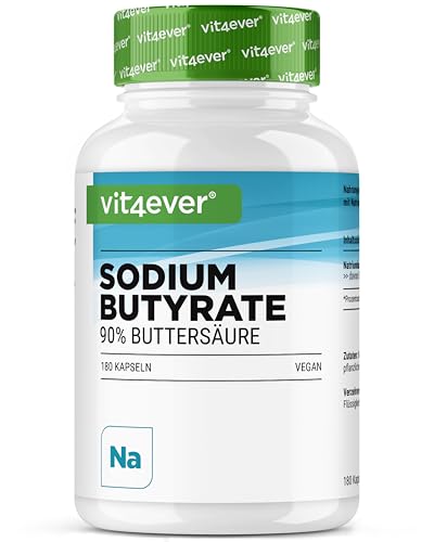 vit4ever Sodium Butyrate - 180 Kapseln mit 600 mg - Premium: 90% Buttersäure - Reines Natriumbutyrat ohne unerwünschte Zusätze - Hochdosiert - Vegan