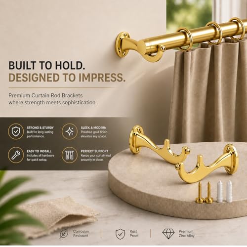 Image of Elite Aluminum Curtain Rod Brackets - Heavy-Duty Wall Mount Clamps for Curtain Rod Support for Door and Window Curtain Rods with Screw and Wall Plug - Pack of 2PCS (Royal Gold)