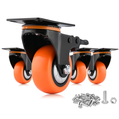 3 Inch Caster Wheels, Casters Set of 4, Heavy Duty Casters with Brake 1500 Lbs, Locking Industrial Swivel Top Plate Casters Wheels for Furniture and Workbench Cart(Two Hardware Kits Include)