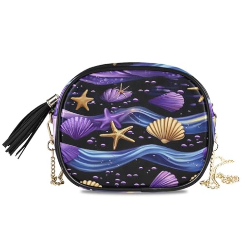 ALAZA Women's Wave Starfish Seashell Pattern PU Leather Crossbody Bag Shoulder Purse with Tassel