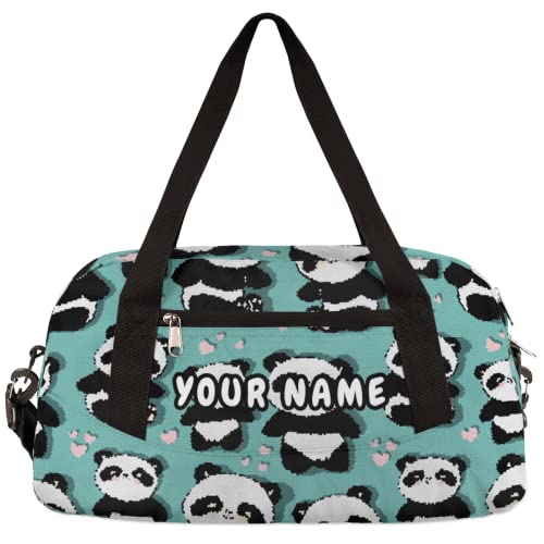 Panda Heart Personalized Kids Duffel Bag for Girls Boys, Panda Debris Custom Name Dance Bag Overnight Small Duffel Bag Carry On Weekend Sports Travel Bag for School Practice Gymnastics Ballet