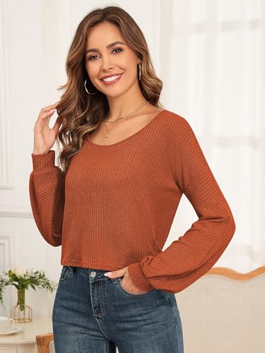 ZAFUL Women Ribbed Knit Long Sleeve Tops Shirts Lantern Sleeve Oversized Pullover Crop Sweater3