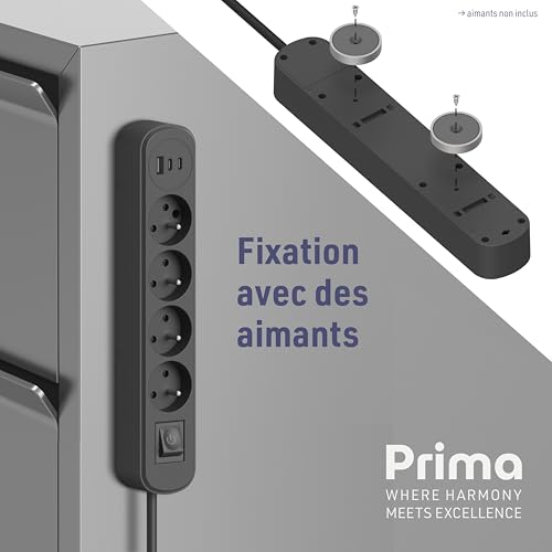 Electraline 35621 Prima Steckdosenleiste mit 4 Steckdosen, 16 A + 3 USB (1 USB A + 2 USB C PD20 W) mit Schalter, Kabel 1,5 m, Schwarz