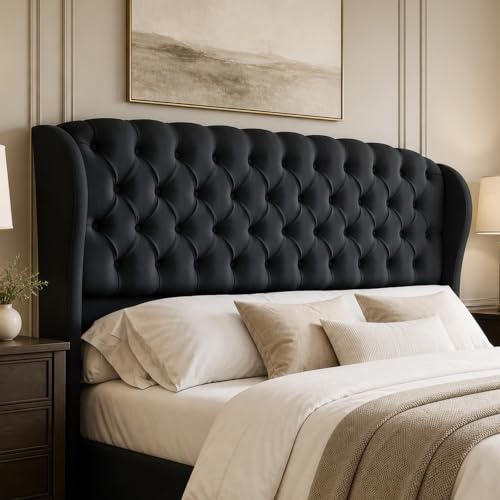 Image of AMERLIFE King /Cal King Headboard Only, Velvet Upholstered Wingback, Black