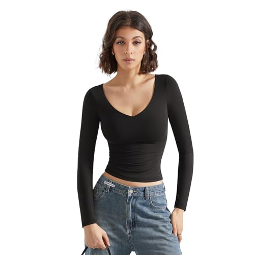 SUUKSESS Women Double Lined Casual V Neck Crop Tank Tops Basic Long Sleeve Shirts3