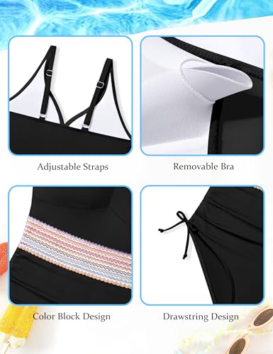 Girls One Piece Swimsuits Color Block Girls Swimsuit V Neck Girls Bathing Suit Drawstring Girls' Swimwear 9-16 Years4