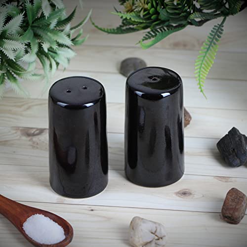 Image of Indian Handcrafted Ceramic Salt and Pepper Shaker /Dispenser Set with Perfect Pour Holes for Kitchen Dining Table Picnic Office Restaurant Hotel (Set of 2) Black
