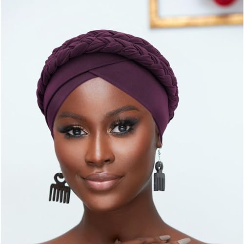 Image of DRESHOW African Women Turban Caps Beanie Twist Headscarf Pre-Tied Double Twisted Braid Hair Cover Wrap Hat Chemo Cancer Cap
