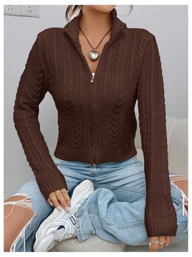 Image of MakeMeChic Women's Cropped Cable Knit Sweater Zip Cardigan Fall Clothes