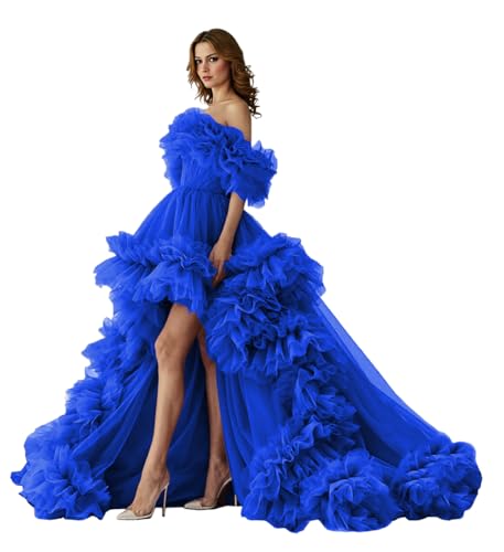 Off The Shoulder Tulle Prom Gowns Formal Women's Trendy Wedding Guest Dresses Tiered Fairy Ball Gown Elegant Adult Princess Dress Royal-Blue