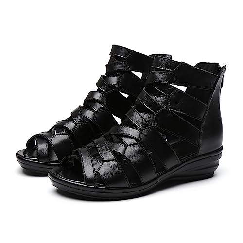 AngryMonkey Women Black Leather High Top Gladiator Sandals,Summer Peep Toe Hollow Back Zipper Dressy Flat Roman Sandals Wedges Sandals2