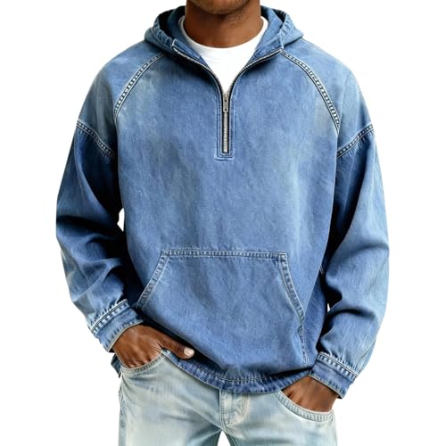 Denim Hoodies for Men Acid Wash Oversized Vintage 1/4 Zipper