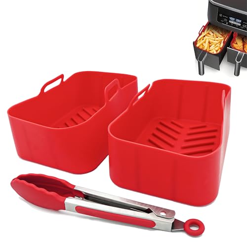CERENE – moldes silicona freidora de aire doble hasta 9 L con pinzas de cocina, accesorios freidora de aire sin aceite dual zone, molde silicona freidora de aire doble/Rojo