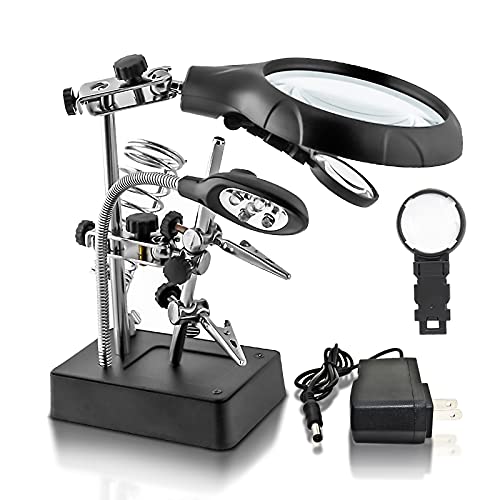 Desktop LED Lighted Magnifying Glass Soldering Station, mlogiroa Adjustable Helping Hands Magnifier 2.5X 7.5X 10X Magnifying Glass Magnifier Station with LED Light and Alligator Clips for So
