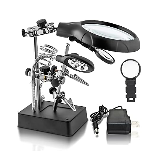 Desktop LED Lighted Magnifying Glass Soldering Station, mlogiroa Adjustable Helping Hands Magnifier 2.5X 7.5X 10X Magnifying Glass Magnifier Station with LED Light and Alligator Clips for Soldering