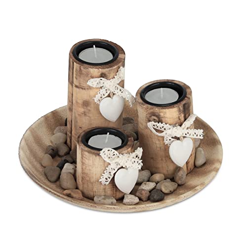 Relaxdays Teelichthalter Set, runde Dekoschale, mit Teelichtern & Steinen, Tischdeko Wohnzimmer, Esszimmer, Holz, Natur Relaxdays Teelichthalter Set, runde Dekoschale, mit Teelichtern & Steinen, Tischdeko Wohnzimmer, Esszimmer, Holz, Natur