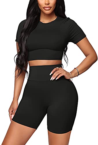 2 Piece Outfits for Women Sexy Athletic Clothing Sets Summer Black XL