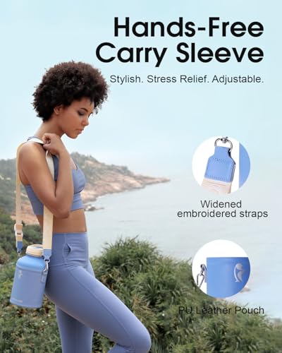 Image of Coolflask 64 oz Water Bottle Insulated with PU Leather Sleeve & 3 Lids