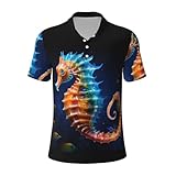 VOSERY Polo de caballito de mar con peces amarillos para hombre, estilo casual, de manga corta, con botones, para golf, para hombre, Negro, Large