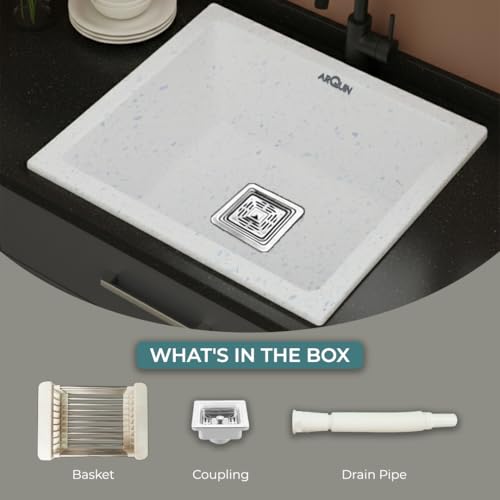 Image of ARQUIN ARQUIN Quartz Kitchen Sink 18x16x9 Inch Grey | Single Bowl Sink | Durable & Scratch-Resistant | Undermount /Topmount Including Coupling, Waste Pipe & Fruit Washing Basket