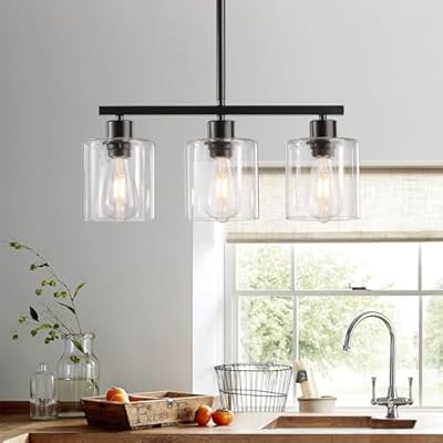 ROCUNSI 3-Light Kitchen Island Lighting, Black Pendant Light Fixture, Farmhouse Dining Room Light Fixtures Over Table, Modern Hanging Light Fixtures with Clear Glass, E26 Base, Bulbs Not Included