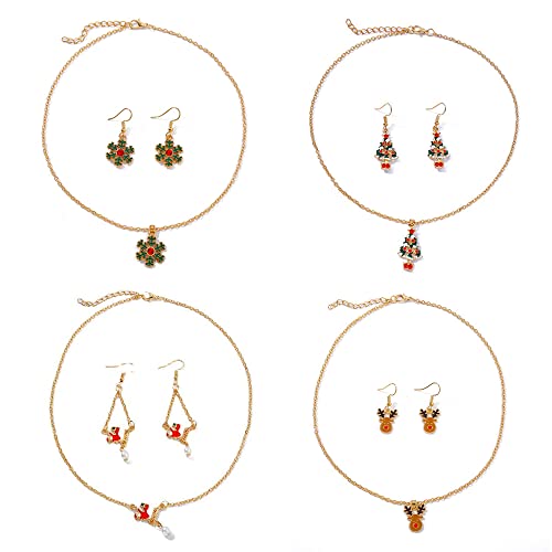 12 Teiliges Weihnachtsschmuck Set für Damen Cartoon Weihnachtsbaum, Weihnachtsmann Elch Schneeflocke klassisches Feiertags Halsketten Ohrring Schmuck Set für Mädchen Tochter Party Geschenke Cover