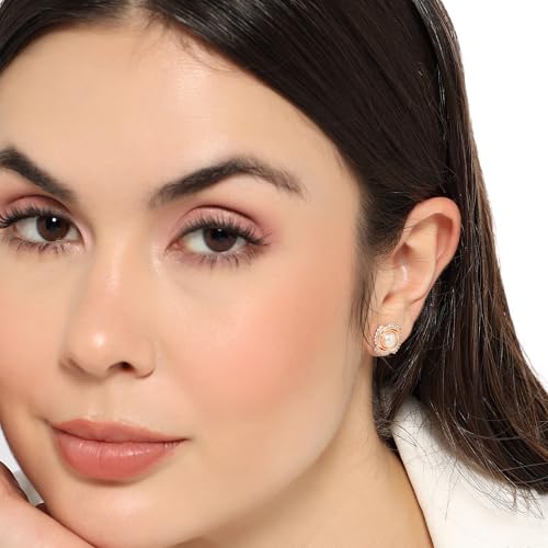 Image of Nilu's Collection Rose Gold Plated Triangular Design Pearl Stud Earrings With American Diamond for Women And Girls | Gift For Her | Anti- Allergy |Anti-Tarnish | Office Wear