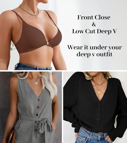 Image of DEANGELMON Front Closure Bras for Women Wireless Lightly Padded Bralett Seamless Low Cut V-Neck Lightweight T-Shirts Bra
